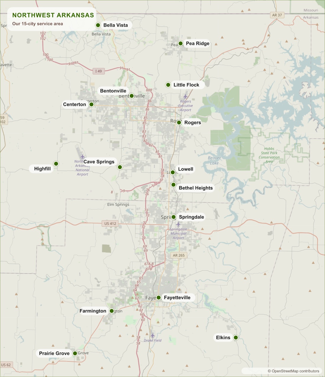 Map of our Northwest Arkansas service area, covering 15 cities: Bella Vista, Bentonville, Centerton, Pea Ridge, Little Flock, Rogers, Highfill, Cave Springs, Lowell, Bethel Heights, Springdale, Fayetteville, Farmington, Prairie Grove, and Elkins.